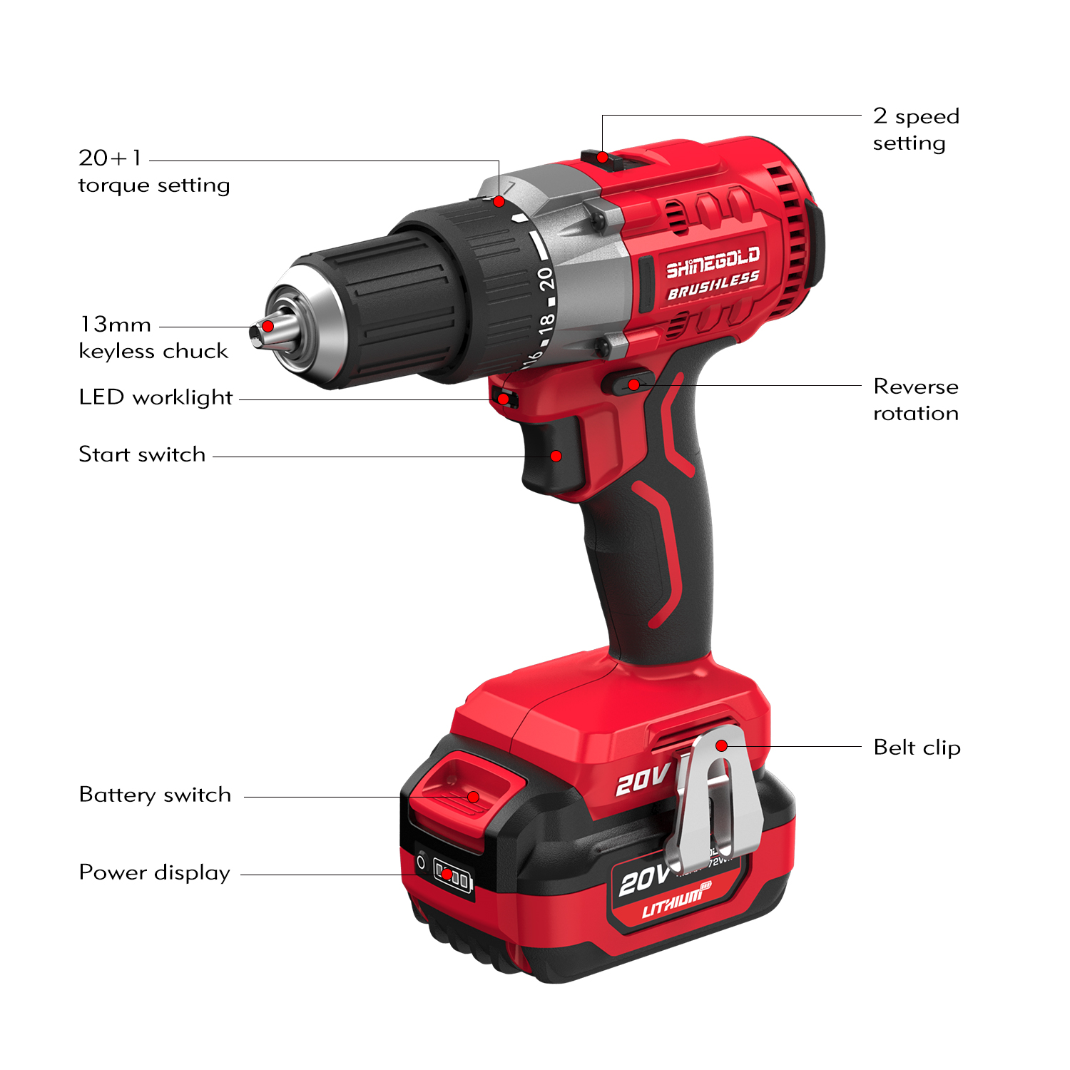 High Quality Cordless Rechargeable Impact Drill 20V Electric Brushless Double Speed Drill Screw Driving
