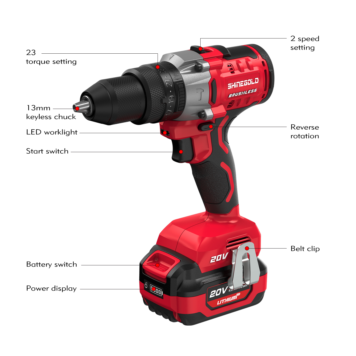 2 Speed Cordless Impact Drill 20V Electric Cordless Brushless Double Speed Drill