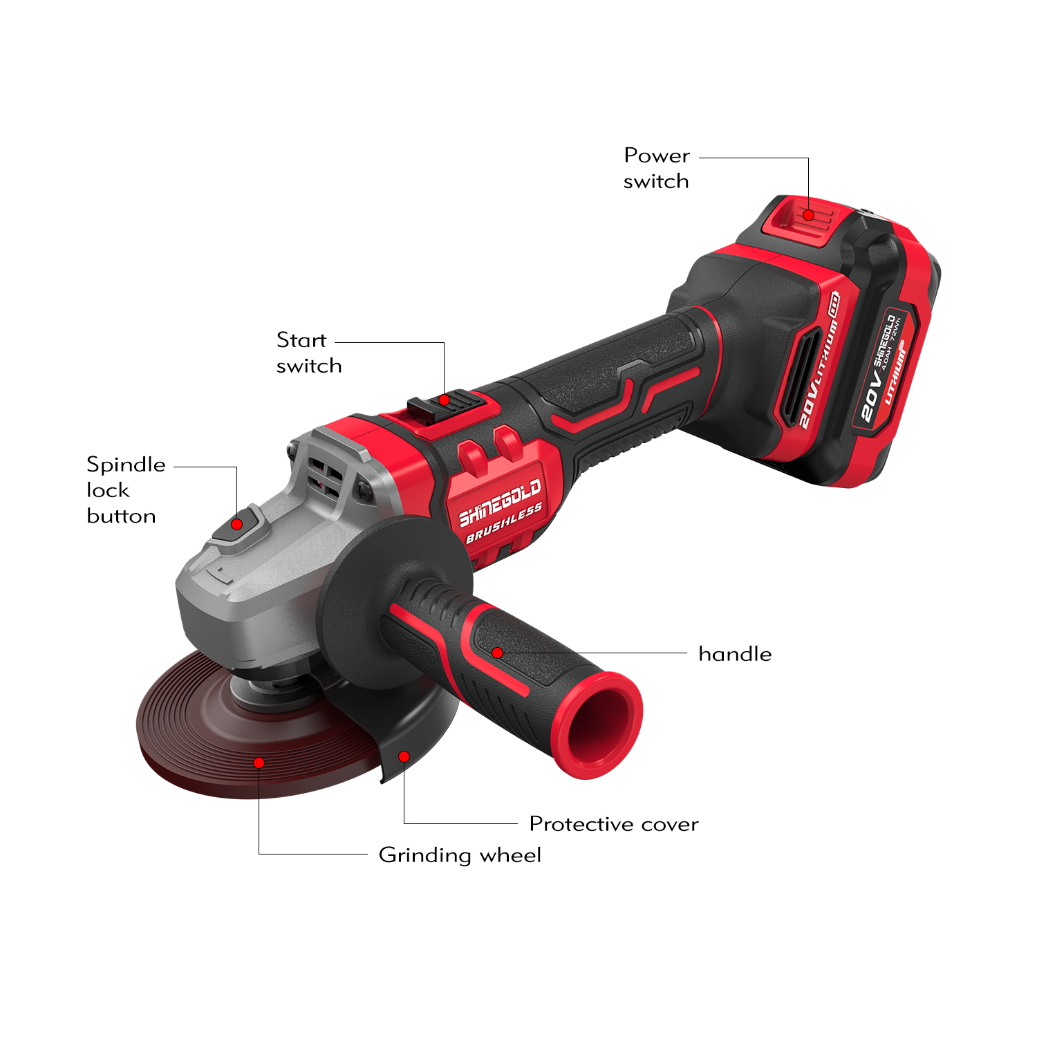 20V Cordless Brushless Lithium Power Tools 8000 RPM /min Long Handle Angle Grinder