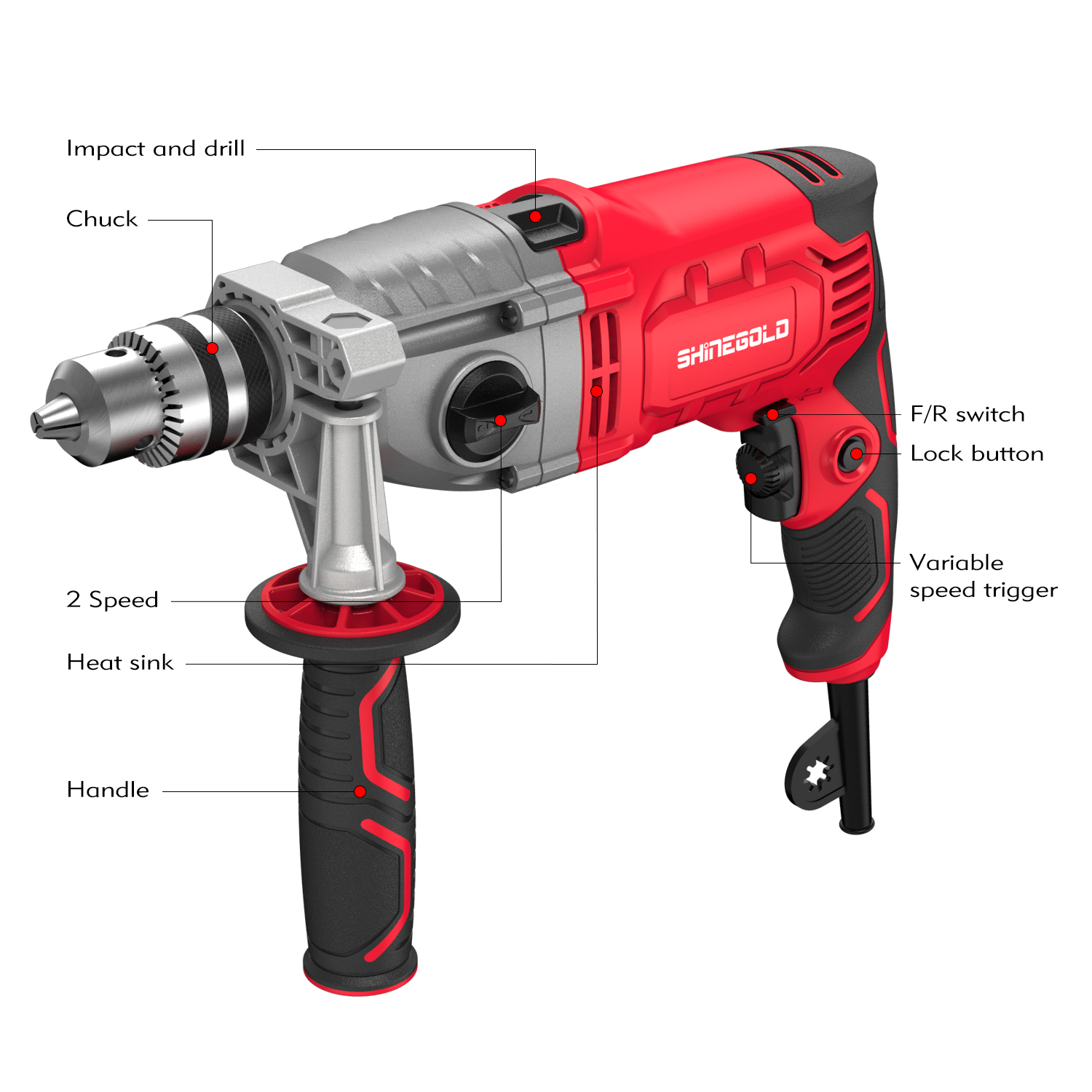 1050W Input Power Professional Powerful Double Speed Impact Drill 13MM Variable Speed